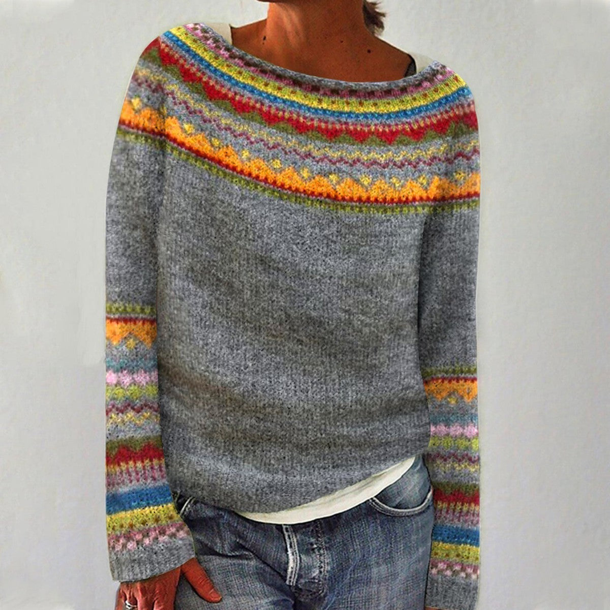 Patterned Crew Neck Sweater for Women - Image 1