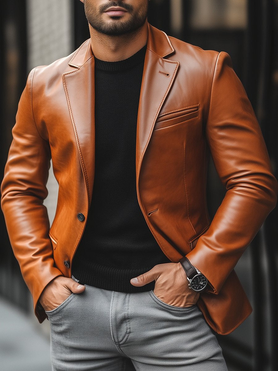 Button-Down Leather Blazer Jacket for Men - Image 2