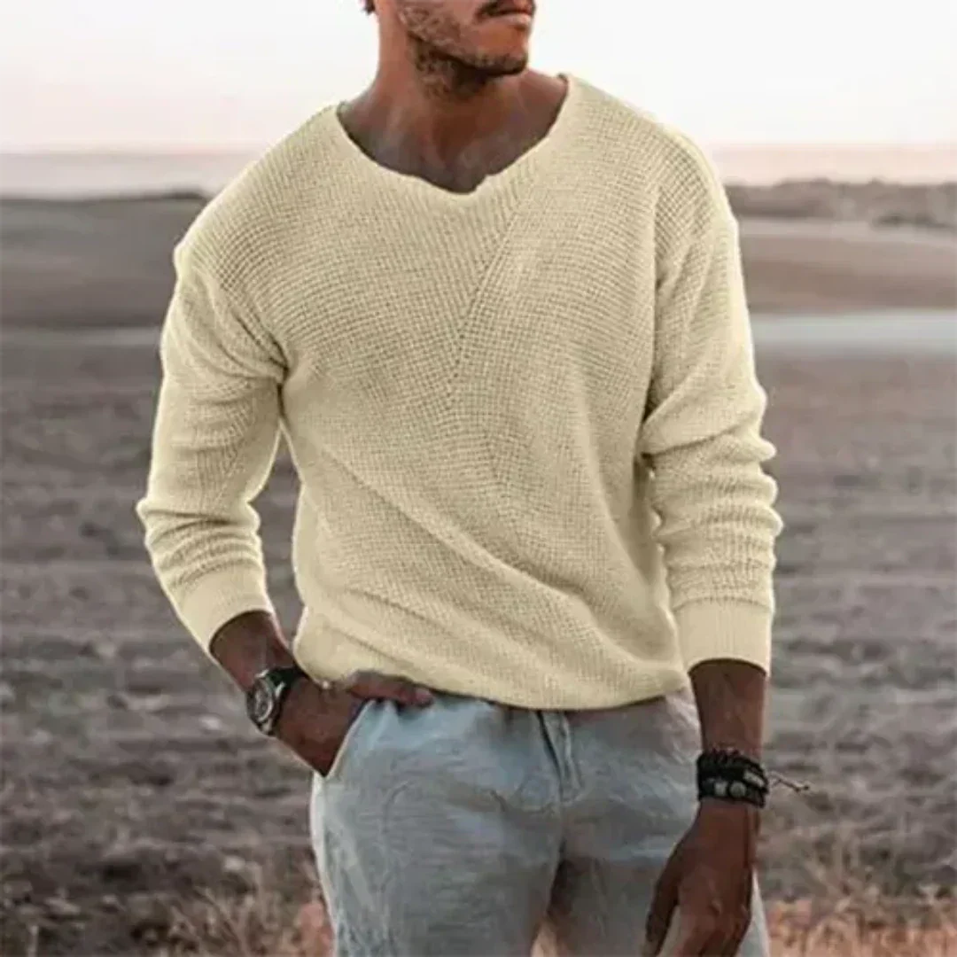 V-Neck Textured Knit Sweater for Men - Image 1