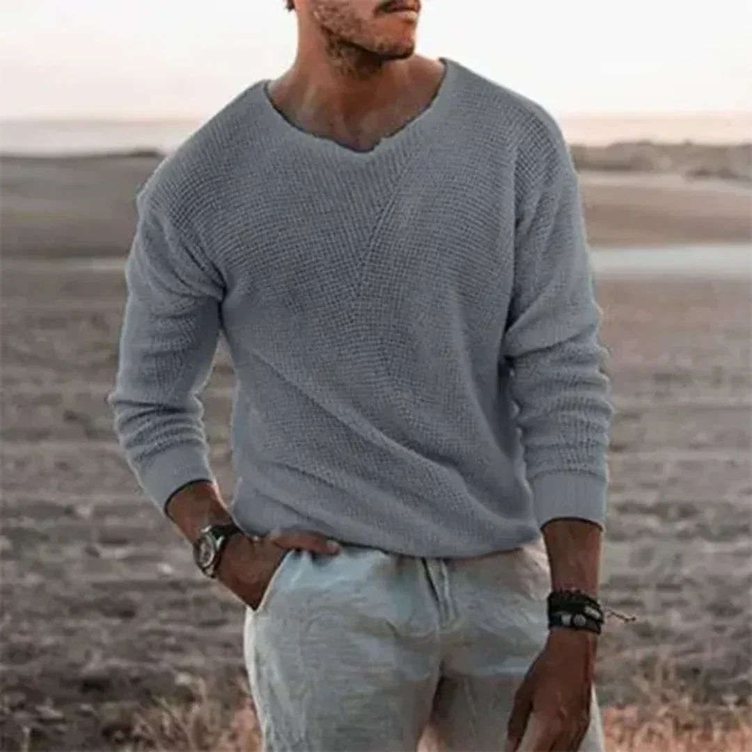 V-Neck Textured Knit Sweater for Men - Image 3
