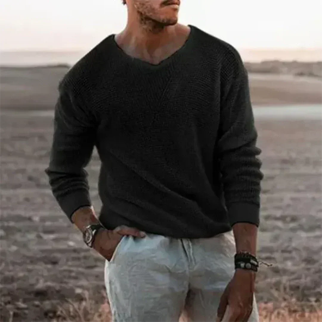 V-Neck Textured Knit Sweater for Men - Image 2