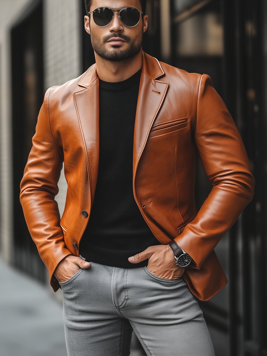 Button-Down Leather Blazer Jacket for Men - Image 4