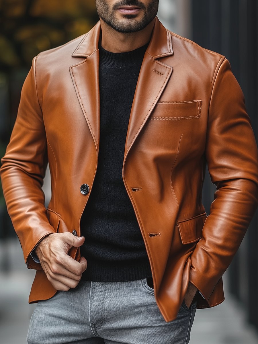 Button-Down Leather Blazer Jacket for Men - Image 3