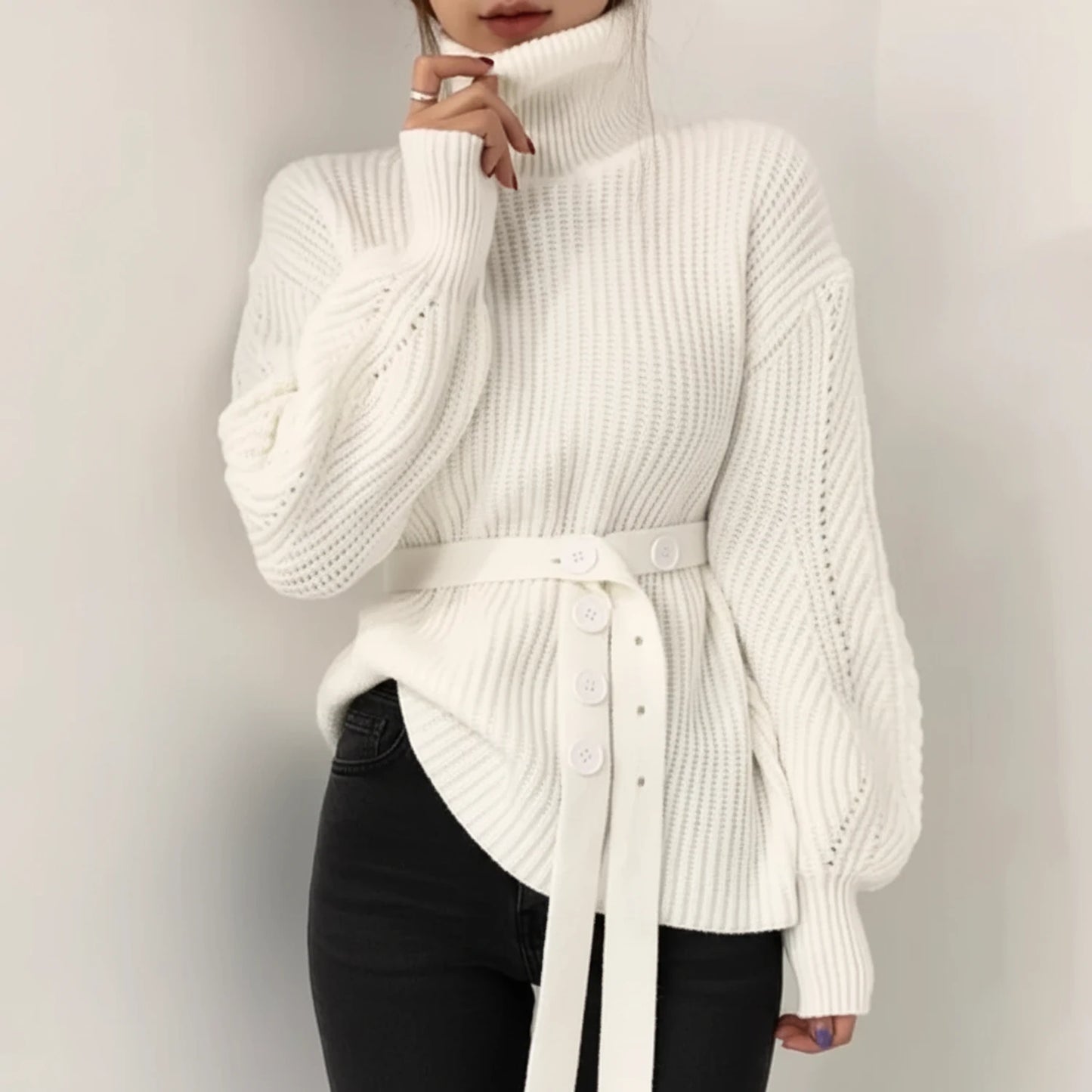 Belted Turtleneck Sweater for Women