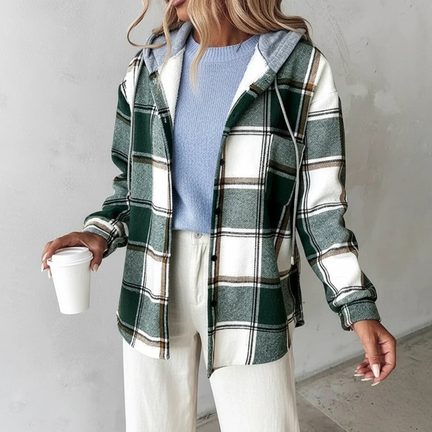 Button-Down Hooded Plaid Jacket for Women AI replaced image