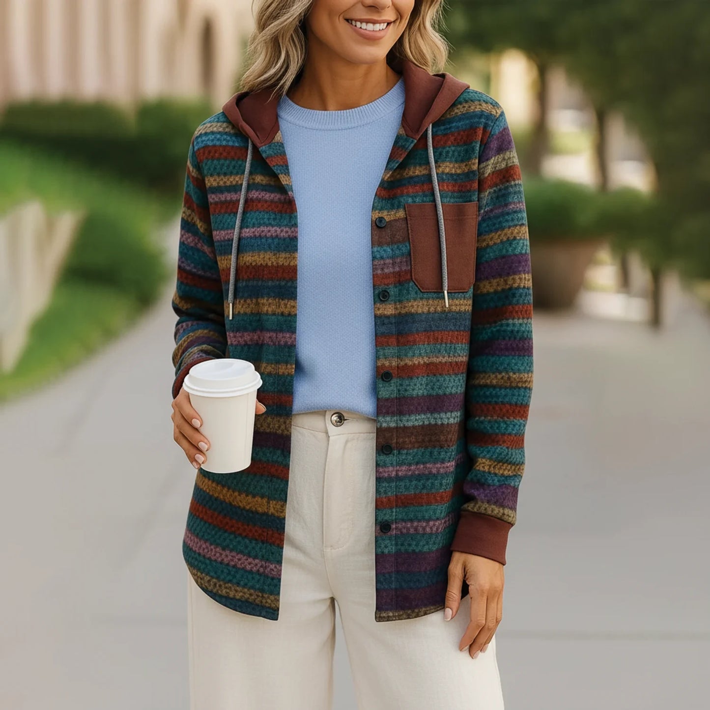 Button-Down Hooded Plaid Jacket for Women AI replaced image