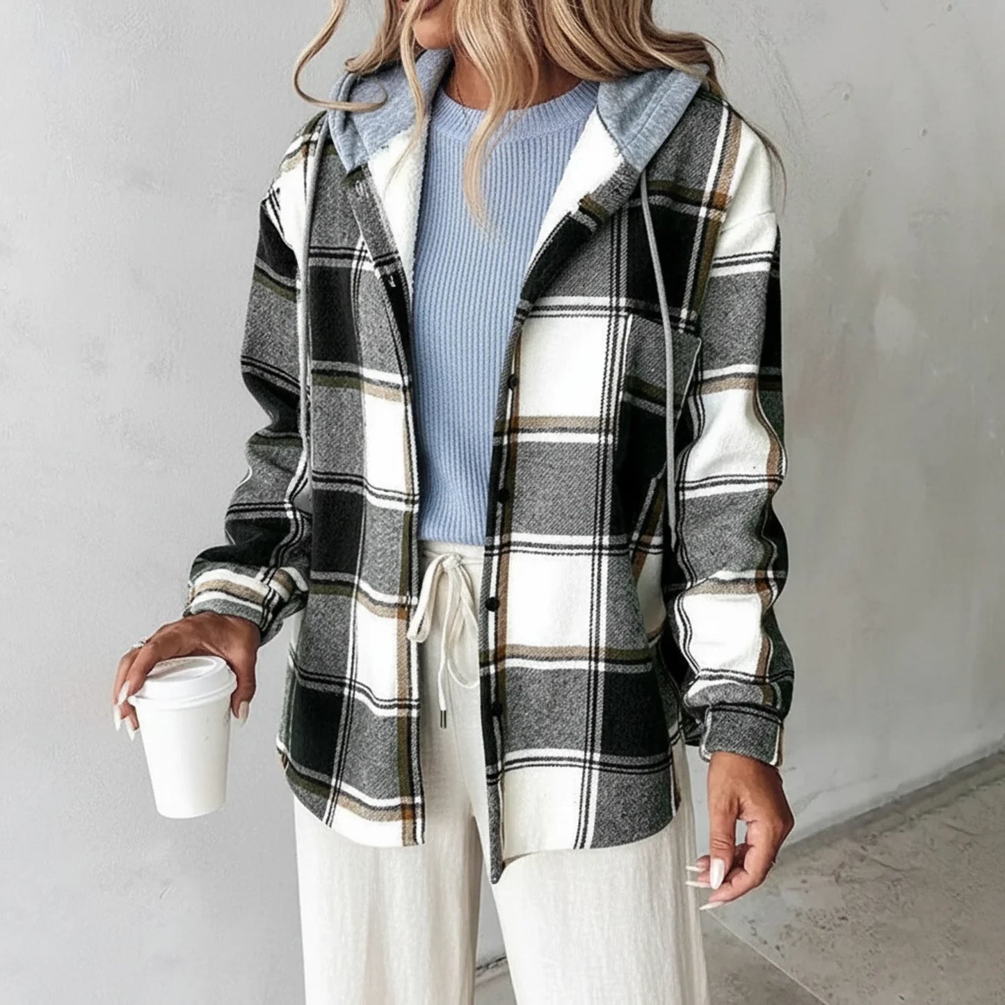 Button-Down Hooded Plaid Jacket for Women AI replaced image