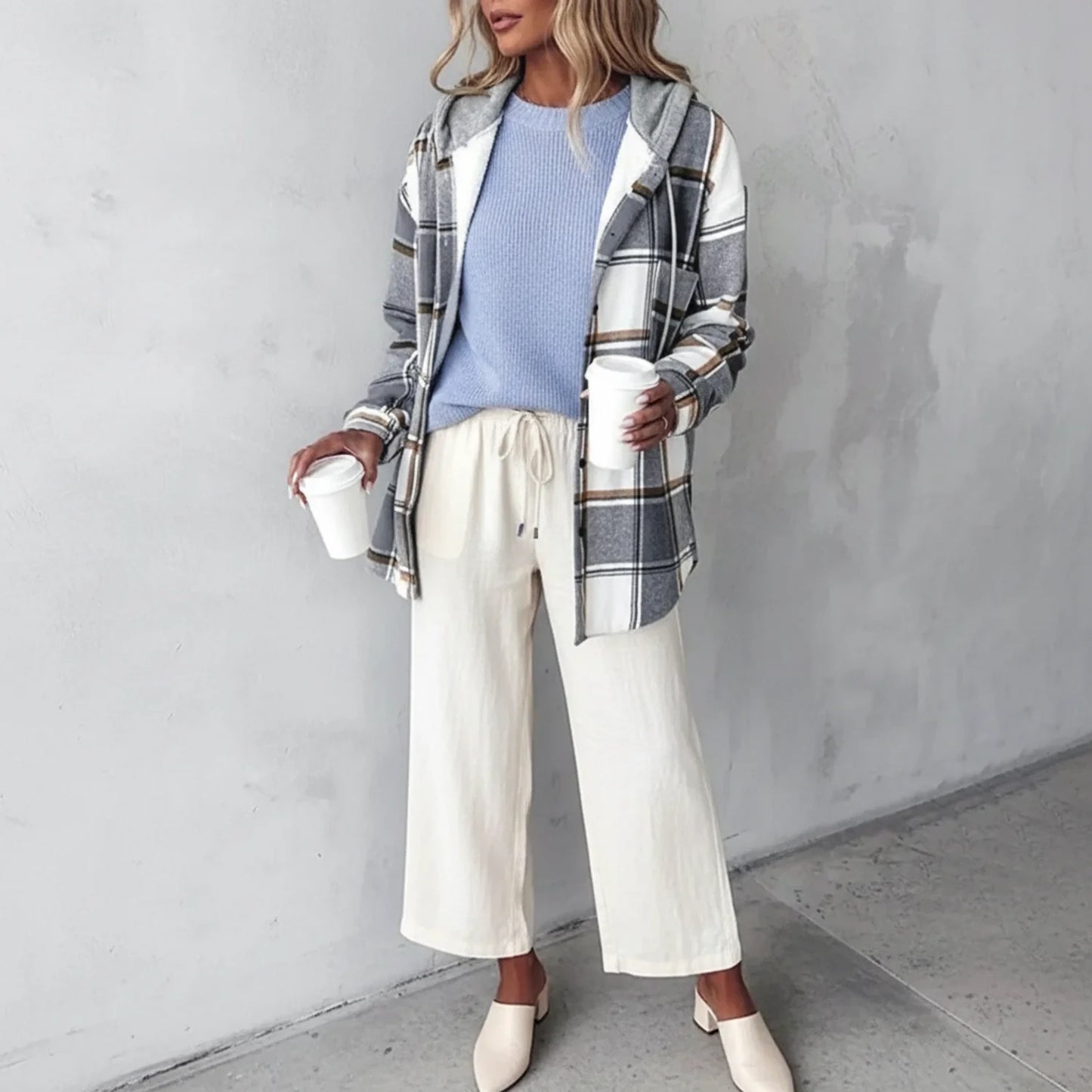 Button-Down Hooded Plaid Jacket for Women AI replaced image