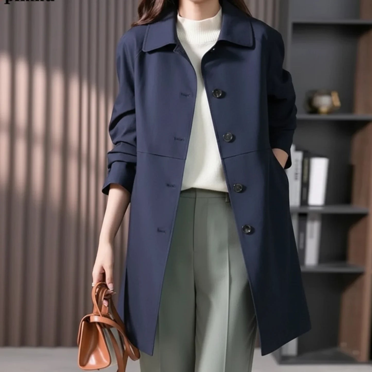 Button-Front Long Trench Coat for Women AI replaced image