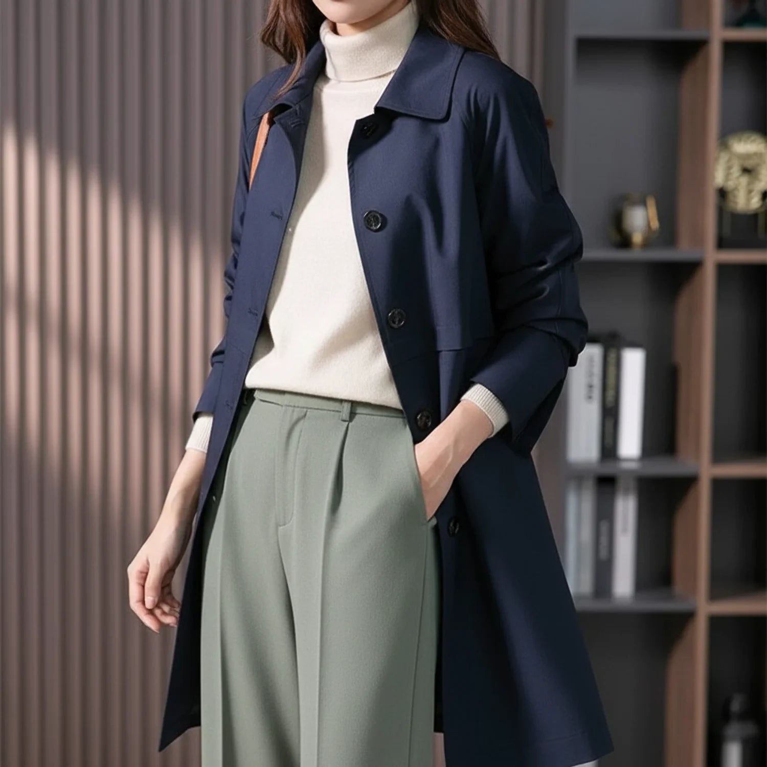 Button-Front Long Trench Coat for Women AI replaced image