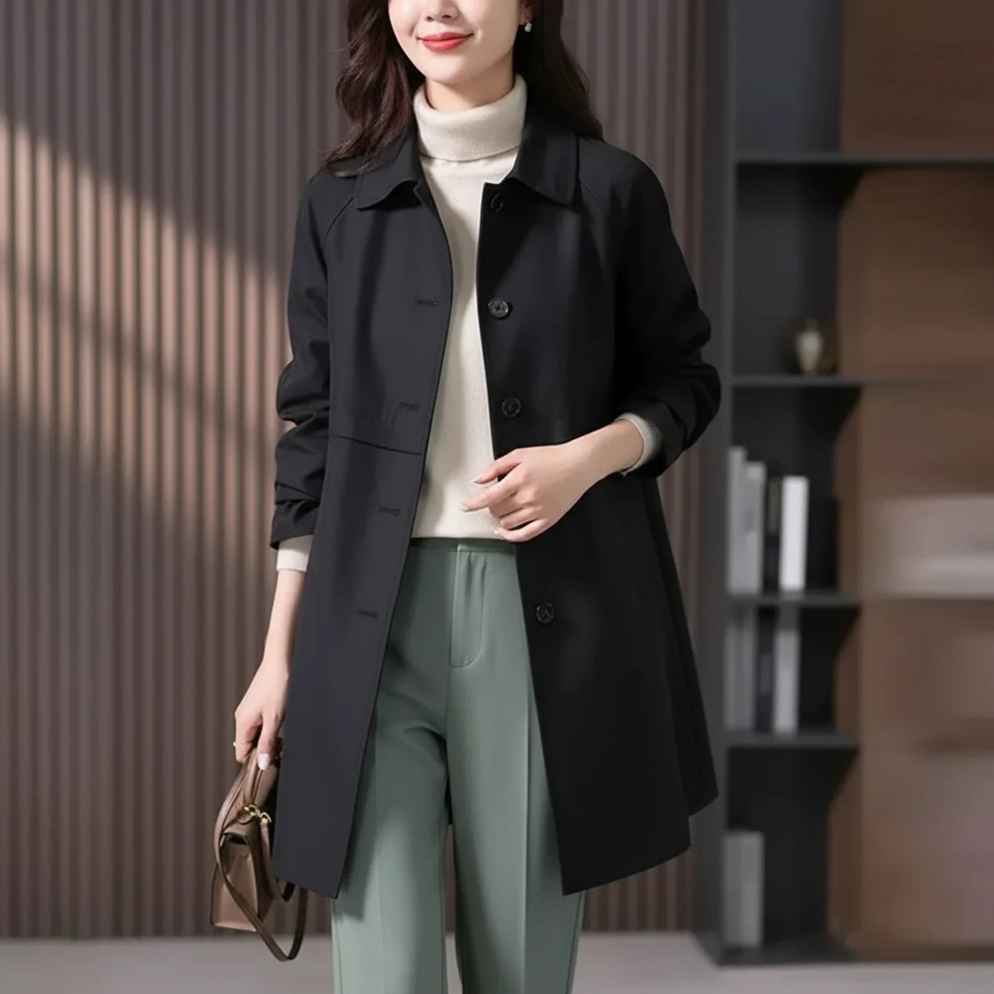 Button-Front Long Trench Coat for Women AI replaced image