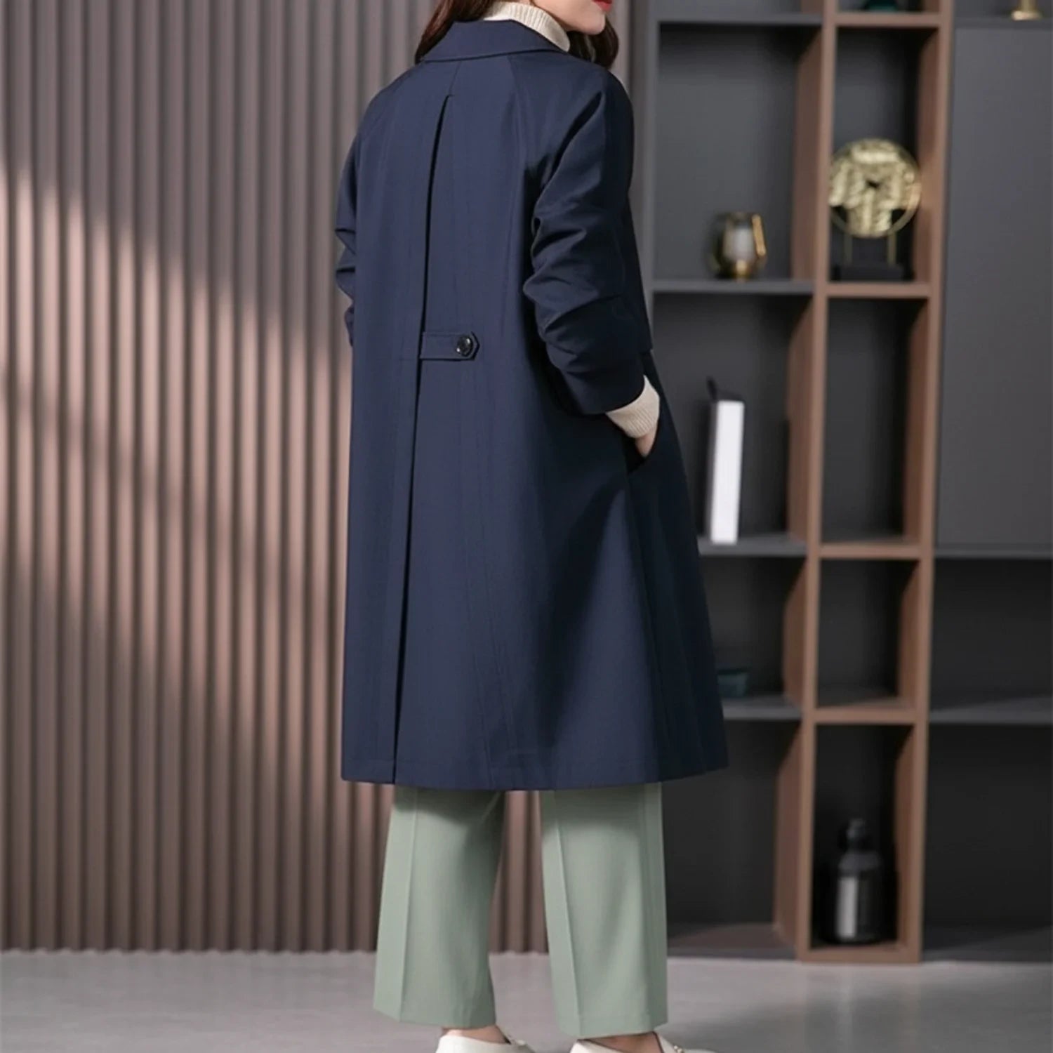 Button-Front Long Trench Coat for Women AI replaced image