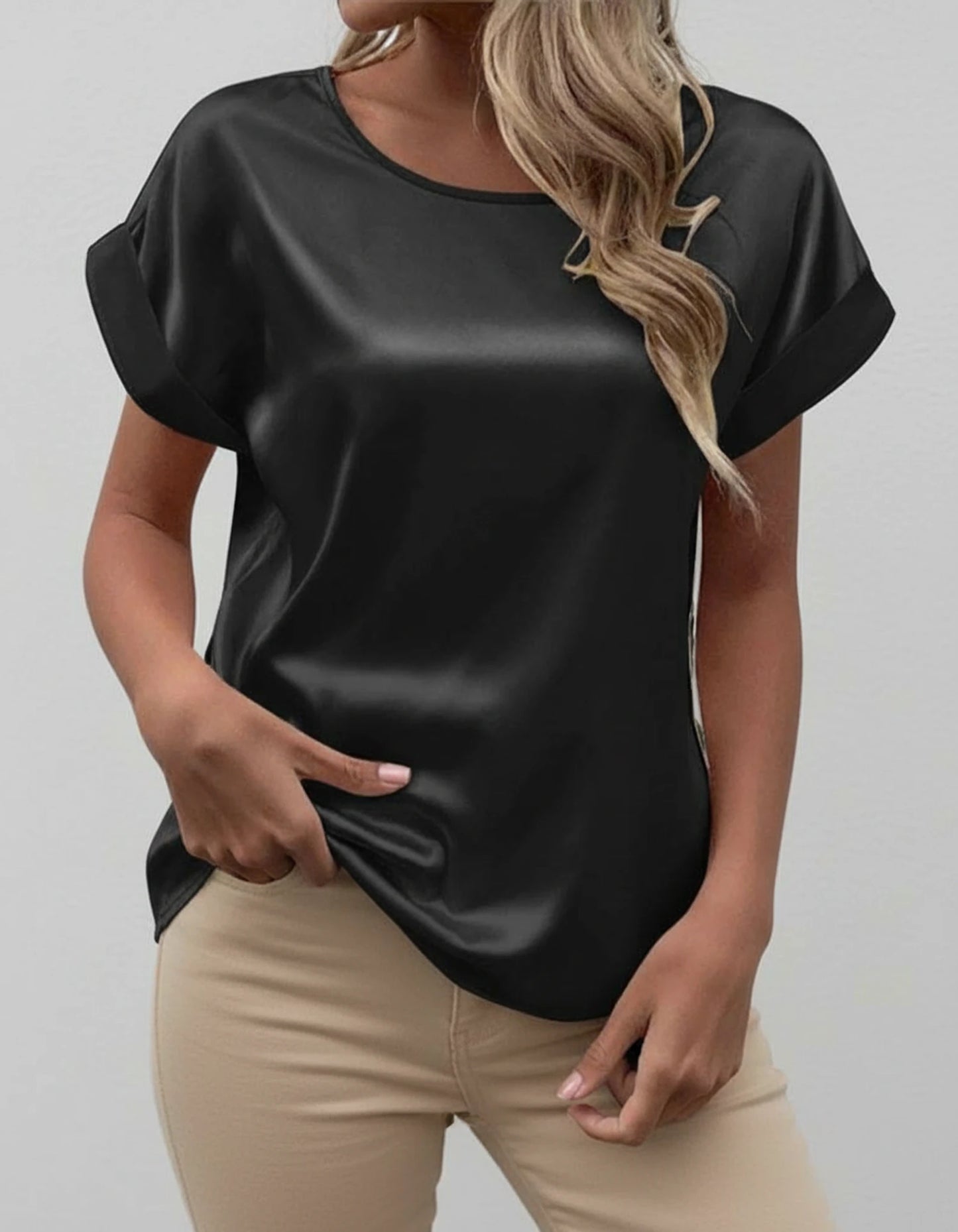 Cuffed Sleeve Satin Blouse for Women