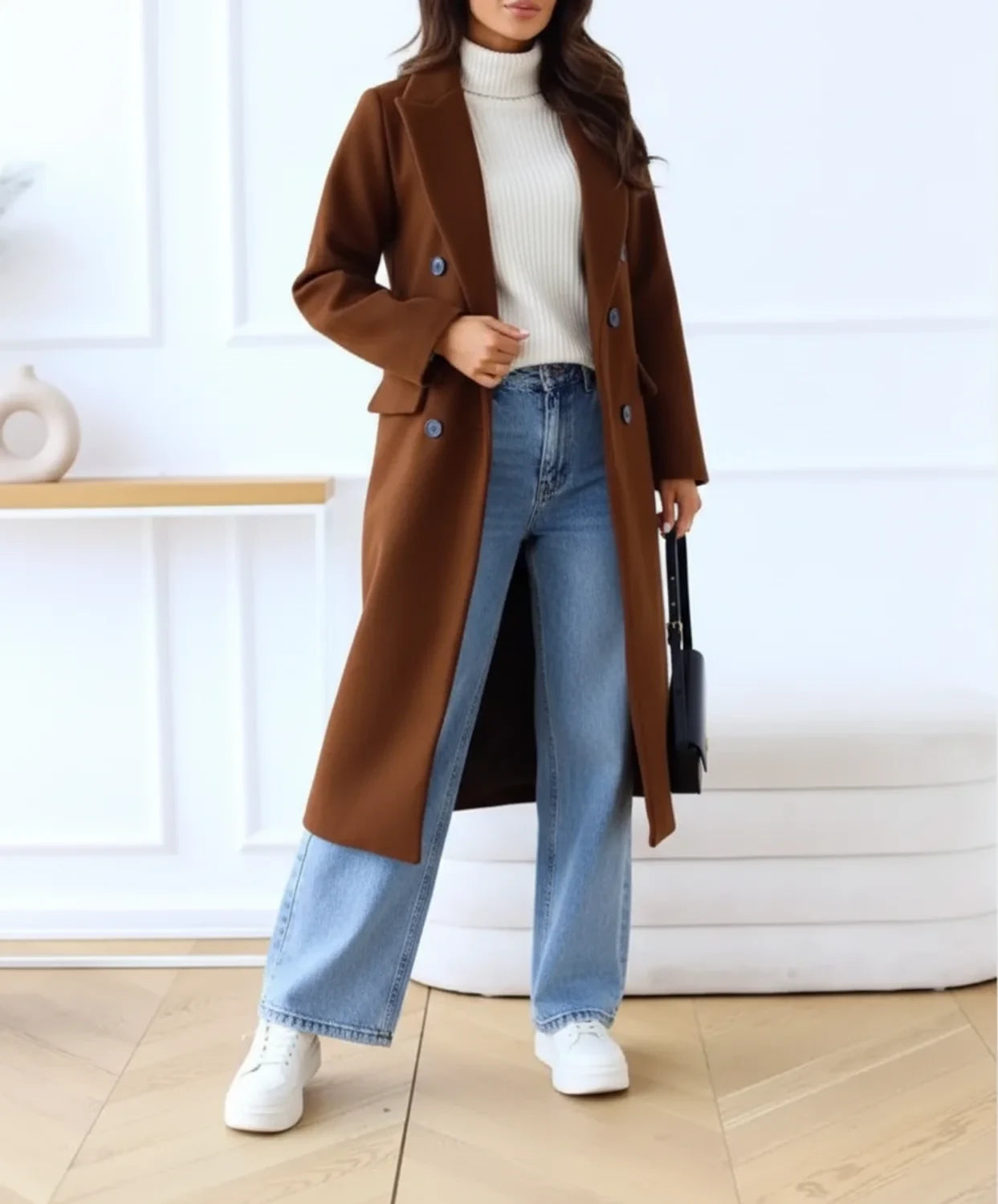 Double Breasted Wool Blend Long Coat for Women AI replaced image