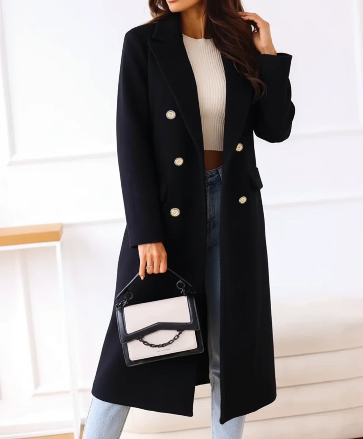 Double Breasted Wool Blend Long Coat for Women AI replaced image