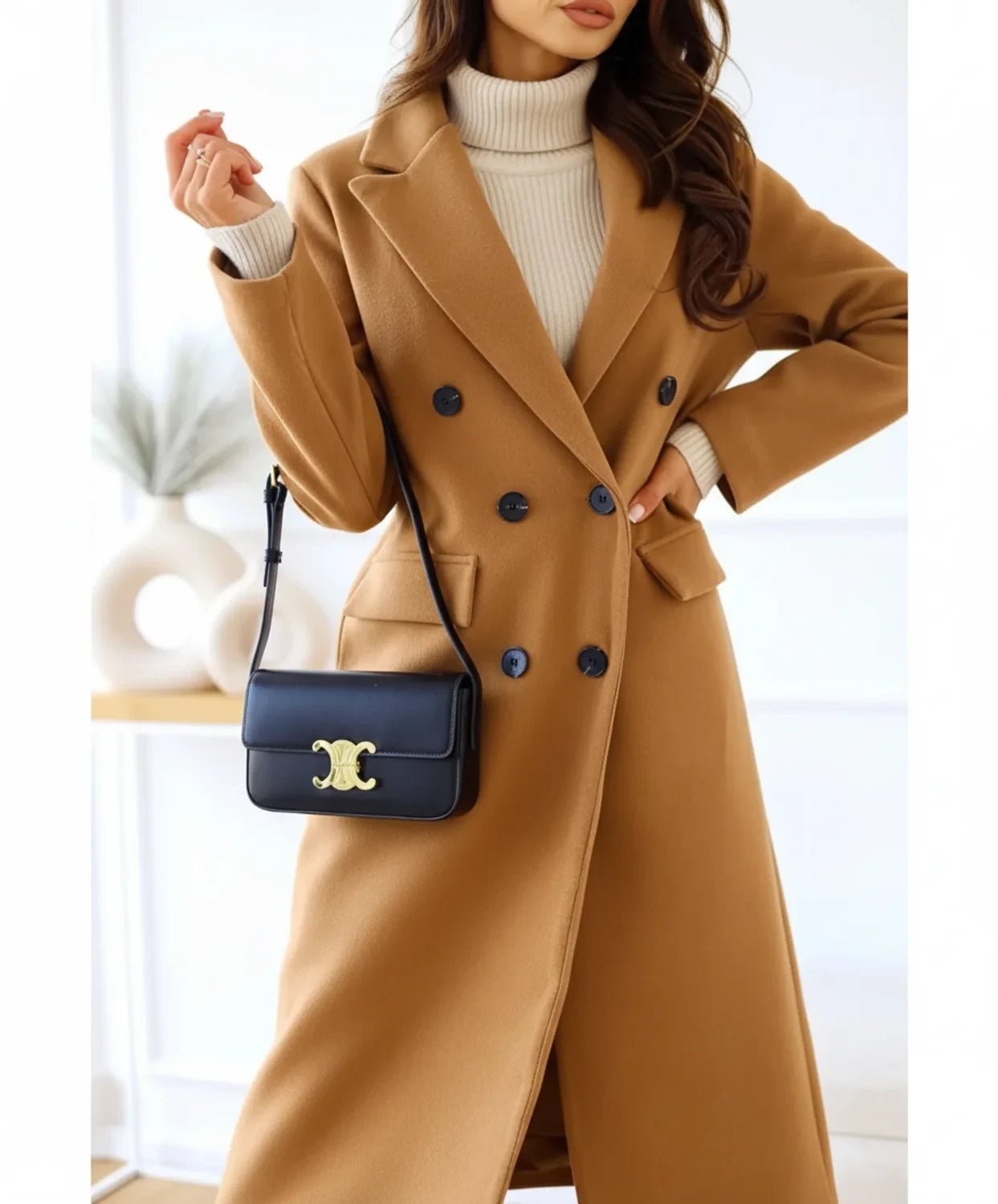 Double Breasted Wool Blend Long Coat for Women AI replaced image