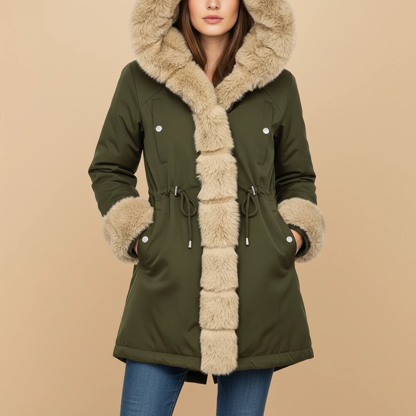 Faux Fur Trim Hooded Winter Jacket for Women