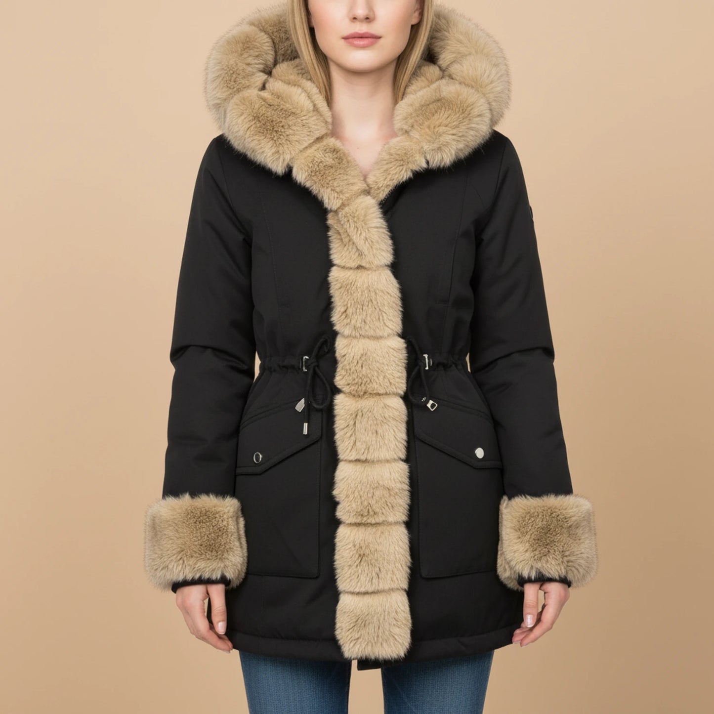Faux Fur Trim Hooded Winter Jacket for Women
