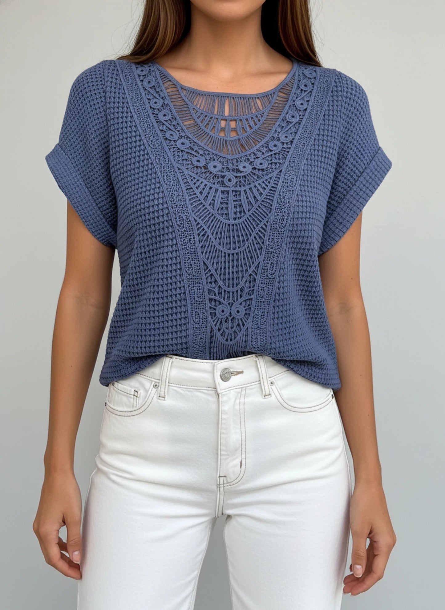 Lace Yoke Knit Blouse for Women