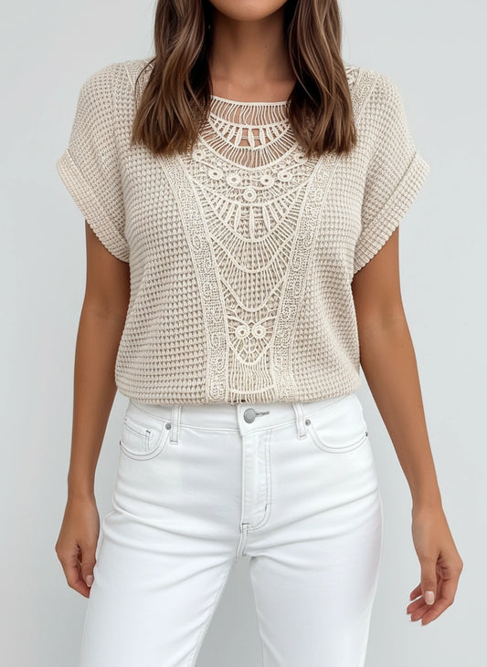 Lace Yoke Knit Blouse for Women