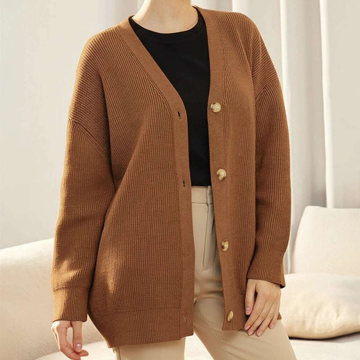 Oversized Ribbed Knit Cardigan for Women